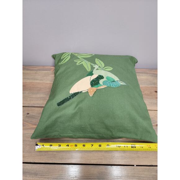 West Elm Pillow Bird Design 14”x14” Green Embellished - Picture 6 of 7